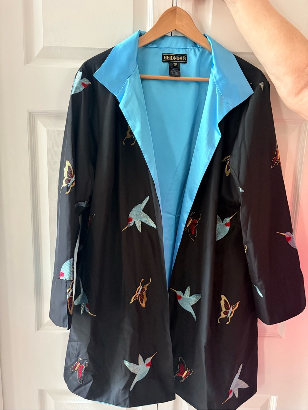 Heidi Daus Black Jacket with Blue Lining and Embroidered Hummingbirds